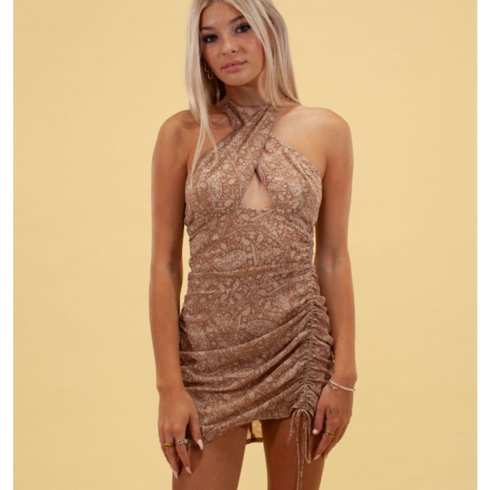 Elegant Brown Pattern Halter Dress